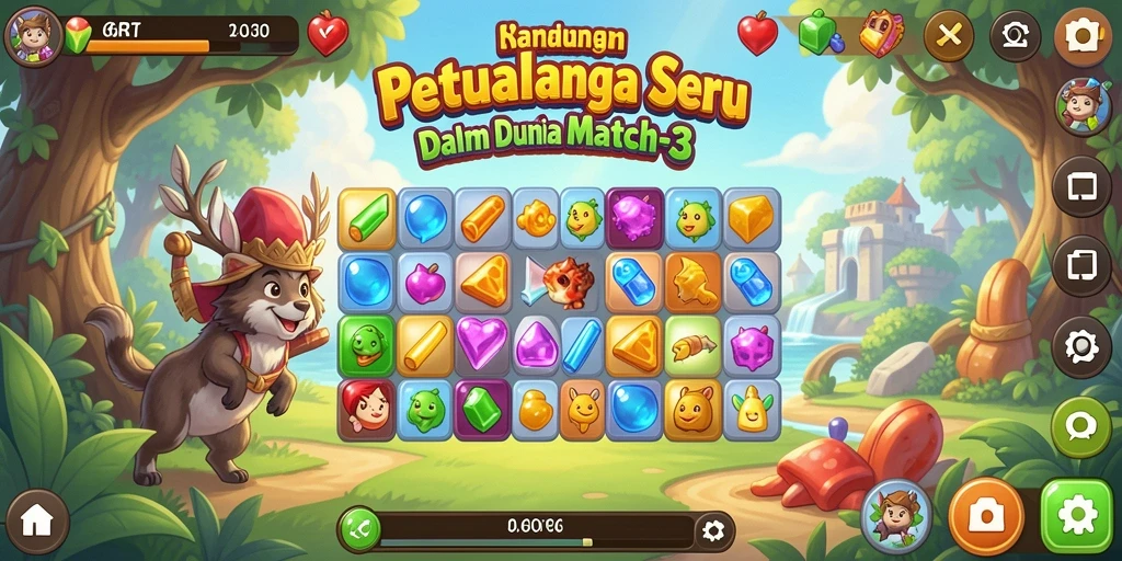Screenshot gameplay 6RT yang menampilkan tantangan mencocokkan permata.