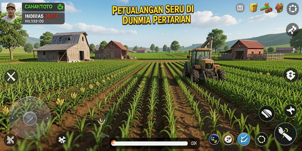 Tangkapan layar utama CAHAYATOTO menampilkan ladang yang subur dan hewan ternak.