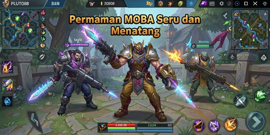 Tampilan seru dari gameplay MOBA dalam PLUTO88 yang mendebarkan.