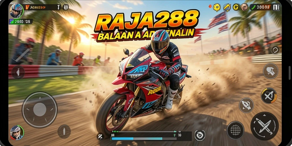 Tampilan gameplay RAJA288 dengan motor melaju kencang di lintasan balapan.