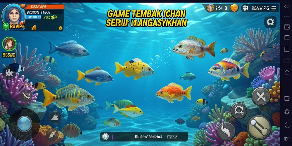 Screenshot RSNVIP6 menampilkan aksi menembak ikan yang seru dan penuh warna.
