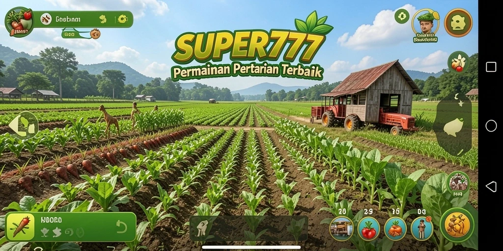 Screenshot gameplay SUPER777 yang menunjukkan ladang yang subur dan tanaman yang berwarna-warni.